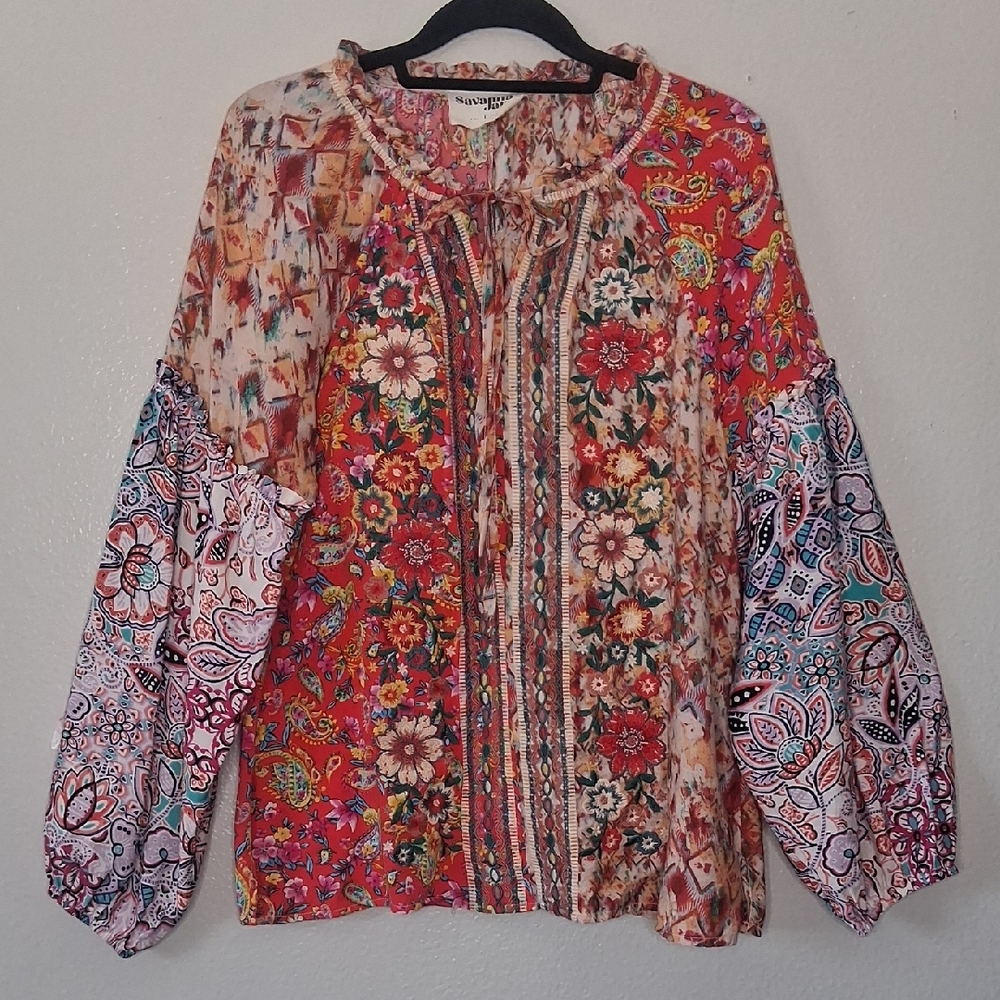 Savanna Jane Mixed Print Floral Embroidered Blouse Ruffle Tie Neck Boho L - Picture 3 of 16